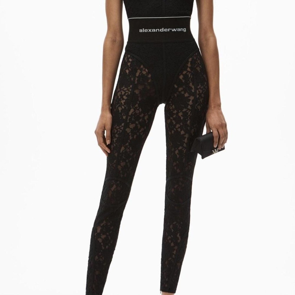 Alexander Wang Black Floral Lace High Waisted Logo Waistband Leggings XS